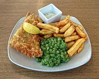 Fish and chips with peas
