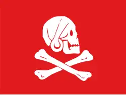 Popular version of Henry Every's Jolly Roger. Supposedly, Every also flew a version with a black background.[67] There is no period evidence to support this as an authentic flag of Every’s.[25]