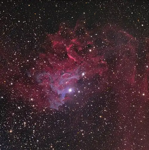 White light image of the Flaming Star Nebula showing the "smoke" of the reflection nebula.