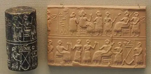Cylinder seal of Queen Puabi, found in her tomb and inscribed as 𒅤𒀜 𒊩𒌆Pu-abi Nin "Queen Puabi".[17][18][19] The last word "𒊩𒌆" may be pronounced as Nin "lady" or Eresh "queen".[20][21]