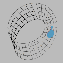 Animation of a flat disk walking on the surface of a Möbius strip, flipping with each revolution.