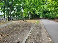 A bike trail in a suburban area with a line of stone in the ground next to it