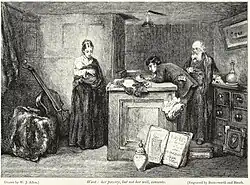 A woman with a baby in her arms is hesitantly pawning her wedding ring while the pawnbroker and his assistant look on pityingly