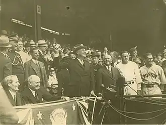Franklin D. Roosevelt throws the first pitch at Opening Day, April 24, 1934.