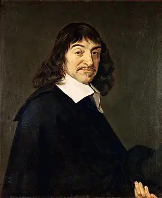 Painting of a bearded man with long hair wearing a dark formal attire