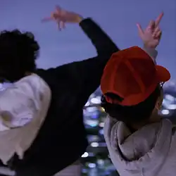 Two boys standing atop a balcony holding up middle fingers in the air