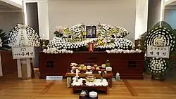 White chrysanthemums at a Korean funeral parlor.