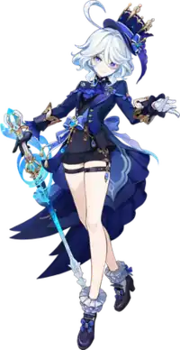 Furina holding a pole on right hand and tricking her left hand