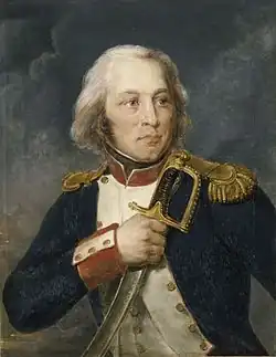 Lecourbe is shown clutching a sword by the blade and holding it reversed across his chest, he has medium length hair and is wearing a flamboyant generals uniform of French army at the time