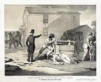 Image 50Martyrdom of Joseph and Hiram Smith in Carthage jail, June 27th, 1844. This unusual black-and-white lithograph has a second yellow-brown layer on top of it. Image credit: G.W. Fasel (painter); Charles G. Crehen (lithographer); Nagel & Weingaertner, N.Y. (publishers); Library of Congress (digital file); Adam Cuerden (upload) (from Portal:Illinois/Selected picture)