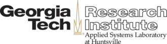 The words "Georgia Tech" in black to the left of a stylized campanile, and the words "Research Institute" in outline to the right of the stylized campanile. The words "Applied Systems Laboratory at Huntsville" are written below the right side of the image.