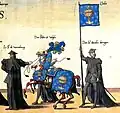 Flag and arms of the Kingdom of Galicia (16th century). The picture shows the funerals of the emperor Charles V, also king of Galicia (Funerals of Charles V, by Lucas Doetecum).
