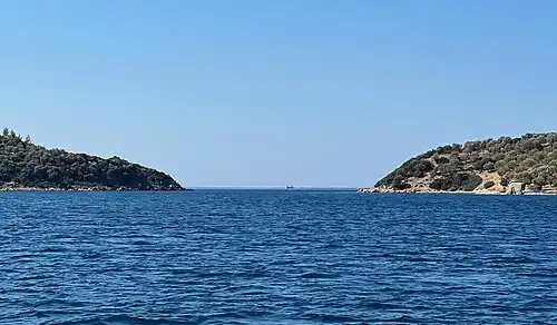 Gap between Kalem Island south coast on right and mainland Bademli, Turkey