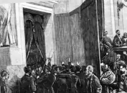 Sketch showing army troops forcing their way into the Spanish parliament