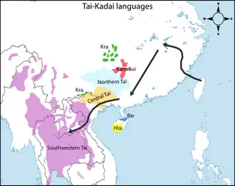 Tai-Kadai migration route according to Matthias Gerner's Northeast to Southwest Hypothesis.[16]