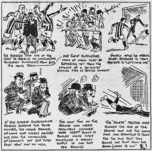 A cartoon depicting events during the Gillingham v Southampton football match in August 1920