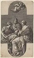 Giorgio Ghisi after Francesco Primaticcio, Three Muses and a Gesturing Putto, 1560s