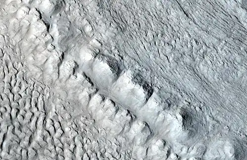 Enlargement of area in rectangle of the previous image. On Earth the ridge would be called the terminal moraine of an alpine glacier. Picture taken with HiRISE under the HiWish program. Image from Ismenius Lacus quadrangle.