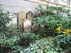 Seven gravestones lean against a grey stone wall. In front of the gravestones is a somewhat overgrown flowerbed.