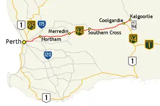 Map of major roads between Perth and Kalgoorlie