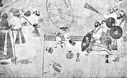 Guru Gobind Singh with three of his sons in Anandpur in the year 1698. Sahibzada Fateh Singh is not shown as he would have been an infant at the time or he was not born yet (depending on what is accepted as his birth date)