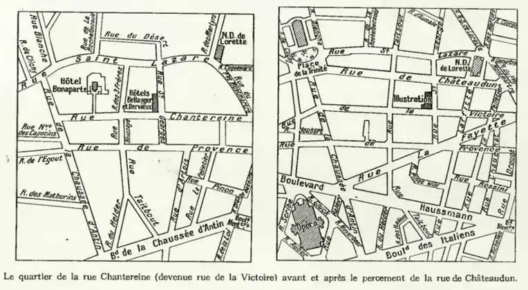 An early 20th-century map of the 9th arrondissement of Paris, showing the former location of the Hôtel Bonaparte, before and after the construction work for the Rue de Châteaudun.