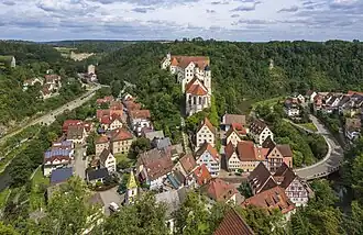 The old town of Haigerloch lies in a bend of the river Eyach