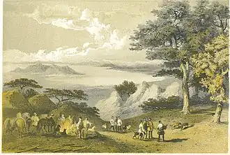 "View of Hakodate from Snow Peak" looking towards the sea (lithograph, 1856).
