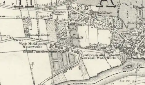 Ordnance Survey map showing Hampton waterworks c1864