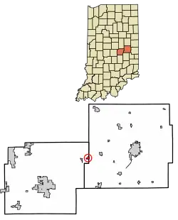 Location of Shirley in Hancock County and Henry County, Indiana.