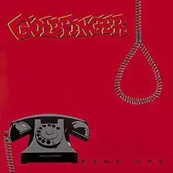 A telephone can be seen on the bottom left with the wire looking like a rope representing a noose.