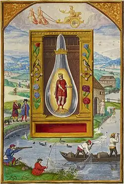 Fourth Treatise: young king, holding golden orb and sceptre, stands upon a crescent moon within a glass vessel. He stands beneath a golden heavenly chariot drawn by maidens driven by a woman and bearing a scorpion sign on its wheels.