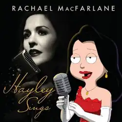 A drawing of Hayley in a cocktail dress in front of a microphone superimposed over a black-and-white photo of Rachael