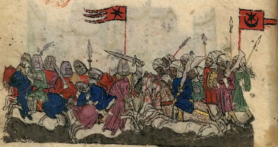 Depiction of a star and crescent flag on the Saracen side in the Battle of Yarmouk (manuscript illustration of the History of the Tatars, Catalan workshop, early 14th century).