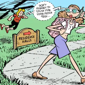 A woman has a propeller strapped to her back. From a cell phone, she tells her daughter, "Don't forget to study for your psych test." The girl looks over her shoulder, concerned.