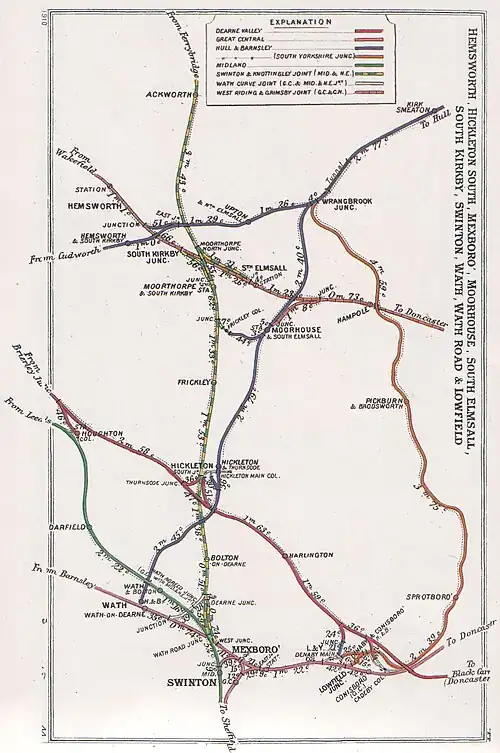Railway lines around Hemsworth and South Emsall; Moorthorpe, Hickleton, Bolton-upon-Dearne, and Swinton in 1910
