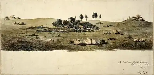Sketch of a homestead, surrounded by group of trees, on a hilly plain