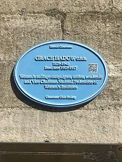 On the front of a Cotswold limestone house (25 Sheep Street), a small blue plaque by Cirencester Civic Society reads: "Grace Hadow O.B.B., 1875-1940 lived here 1907-1917. Women's suffrage campaigner, author, academic and Vice Chairman National Federation of Women's Institutes."
