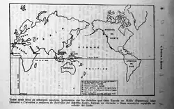 A book page with a black-and-white world map with several coastal points marked. The caption says in Spanish "Todos estos hitos de soberanía española, juntamente con los derechos que tiene España en Haifa (Palestina), islas Limacos o Caracoles y enclaves en Australia del Espíritu Santo, forman un cinturón o línea ecuatorial española alrededor del Globo"