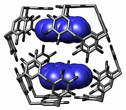 Two pyrene butyric acids bound within a C-hexylpyrogallol[4]arenes nanocapsule. The side chains of the pyrene butyric acids are omitted.[13]