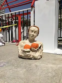 A sculpture recreation of the still photo taken from the body cam of one of the kidnappers during the kidnapping