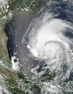 An image of Hurricane Emily, weakened after emerging from the Yucatán Peninsula