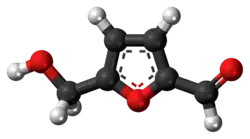 Ball-and-stick model of the hydroxymethylfurfural molecule