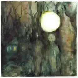 A painting of a ghost-like figure, a glowing orb, and a house surrounded by trees.