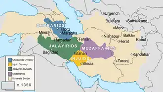 Fragmentation of the territory of the Ilkhanate territory into various polities, including the Jalayirids ■, the Injuids ■, the Chobanids ■ and the Muzaffarids ■