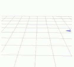 An abstract animated image that depicts a simulated airplane. The craft travels in a straight line, flies upwards into an inverted position, flips over and resumes level flight.