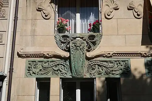 Art Nouveau rinceaux on the of Lavirotte Building (Avenue Rapp no. 29), Paris, designed by Jules Lavirotte and decorated with sculpture and ceramic tiles made by Alexandre Bigot, 1901