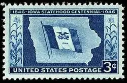 A stamp featuring the state flag to commemorate the 100th anniversary of Iowa's statehood.