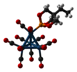 Ball-and-stick model of the (trimethylolpropane phosphite)tetrairidium undecacarbonyl cluster