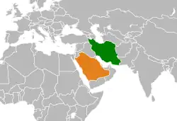Map indicating locations of Iran and Saudi Arabia